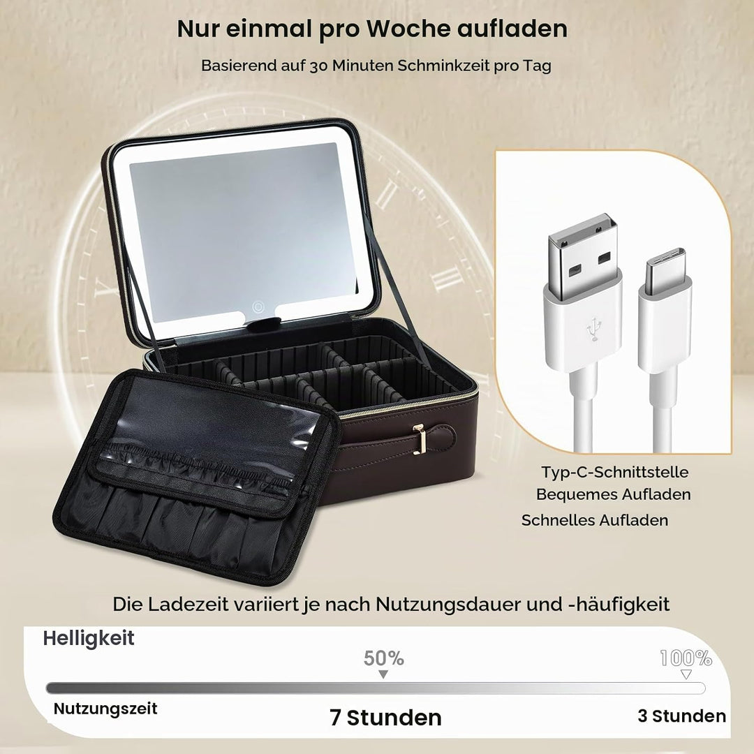 Leder-Kosmetiktasche mit LED-beleuchtetem Spiegel Reise-Kosmetikkoffer Einstellbare Helligkeit in 3