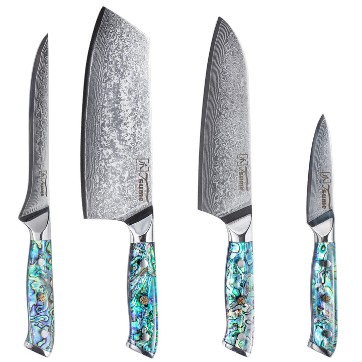 Tsume Exotic Set Abalone, Messerset mit 4 Premium Küchenmessern, Echte Damast Küchenmesser mit Perlm