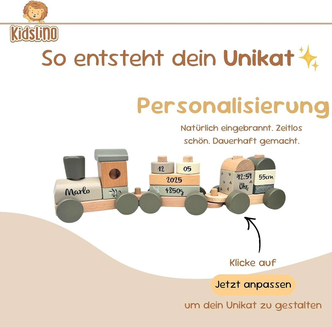 Personalisierte Holzeisenbahn Olivgrün – Personalisierte Geschenke Baby I Steckspielzeug I Geschenk