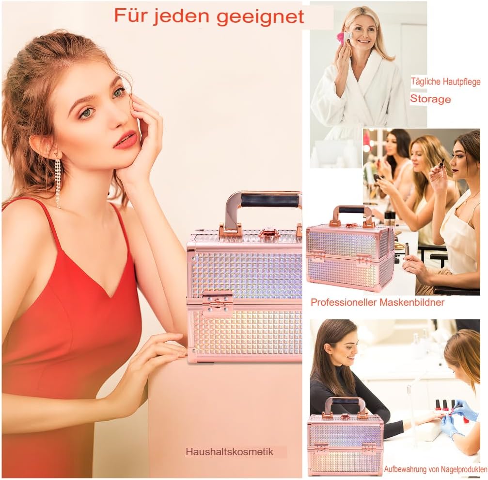 Kosmetikkoffer Aluminium Schminkkoffer, Kosmetikkoffer Kosmetik Beautycase mit Spiegel, Tragegriff &