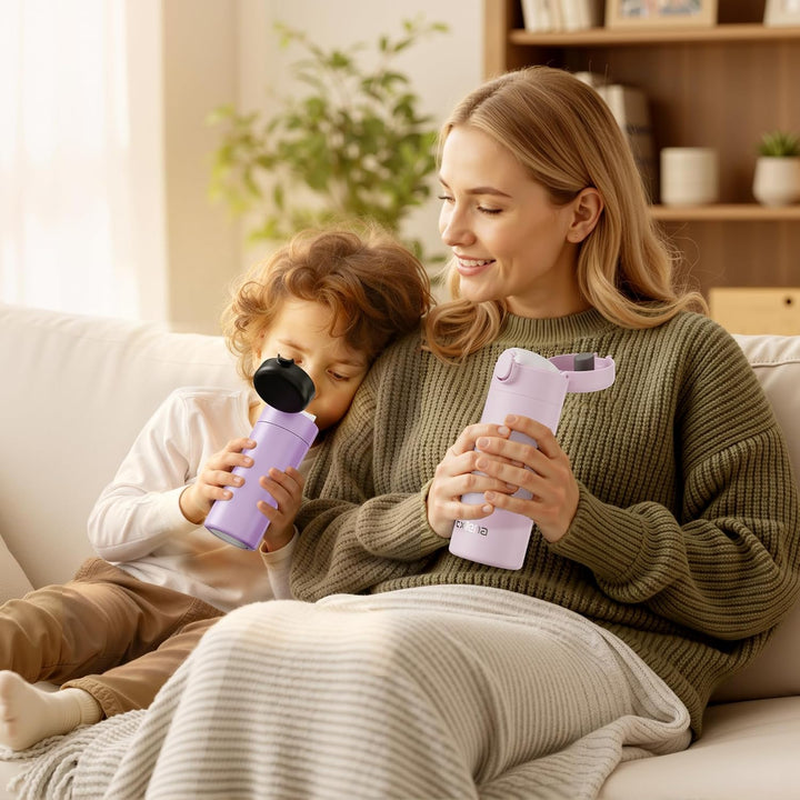 Exllena Kleine Thermosflasche 380ml mit Einhand-Flip-Deckel - Mini Thermosflasche aus Edelstahl, 100