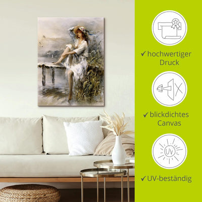 ARTland Leinwandbilder Wandbild Bild auf Leinwand 30x40 cm Wanddeko Frau Natur See Landschaft Steg G