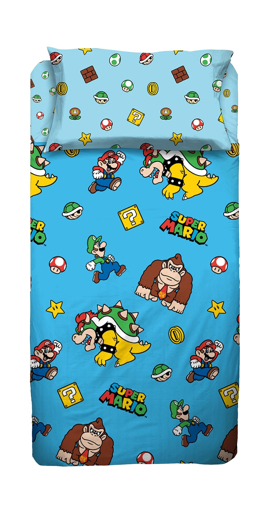 Super Mario Bettwäsche-Set für Einzelbett, Einzelbett, Kissenbezug, Spannbettlaken, 100% Baumwolle,