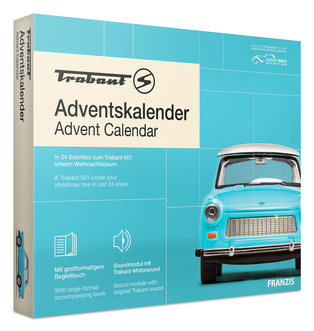 FRANZIS 67115 - Trabant Adventskalender, Metall Modellbausatz im Massstab 1:43, inkl. Soundmodul und