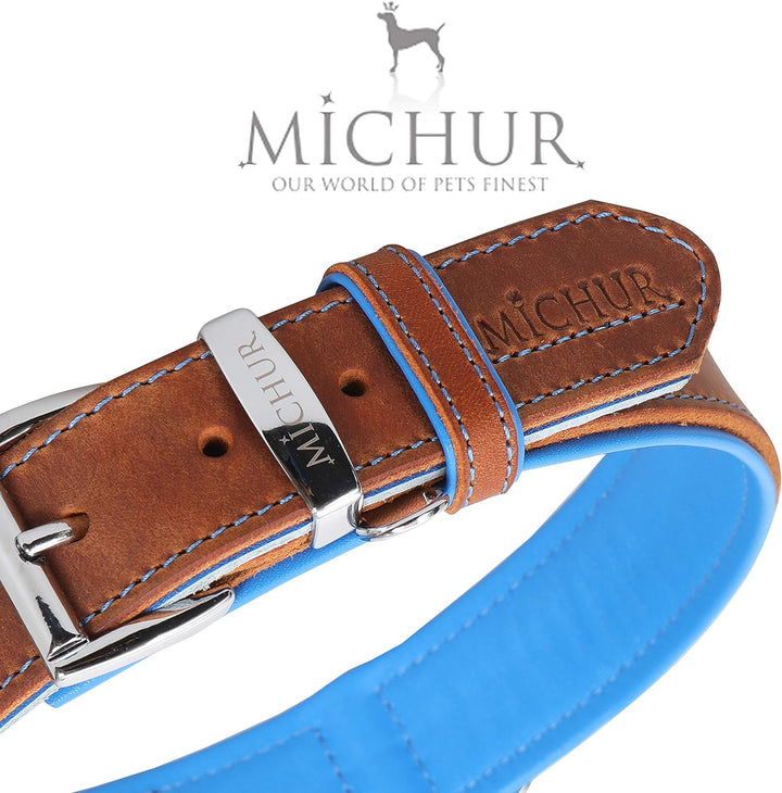 MICHUR Charly Hundehalsband Leder Braun Blau, Lederhalsband Hund, Halsband, Leder, in verschiedenen