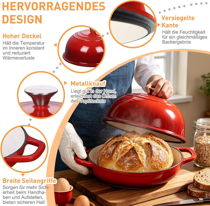 Gusseisen Brotbackform mit Deckel, 4,7L Gusseisen Topf Brot Backen, 23 cm Emaille Bräter mit Deckel,