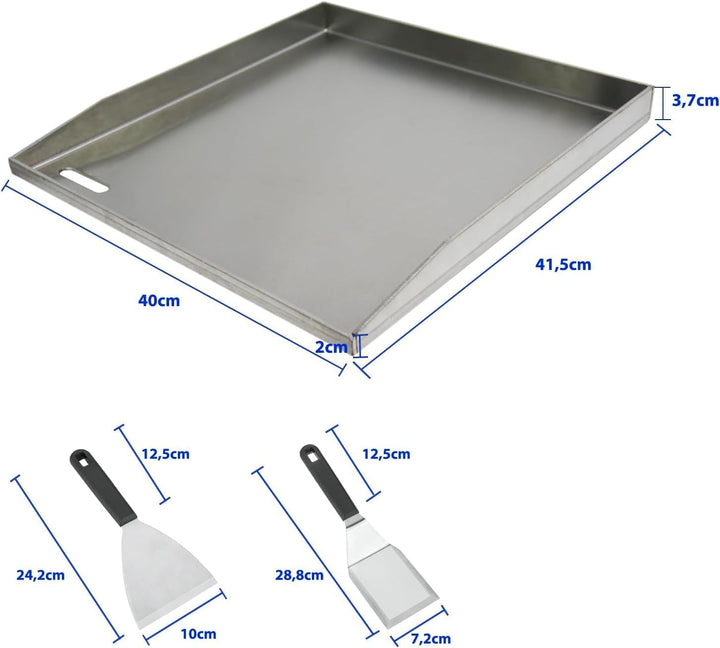 41.5X40X4CM, Edelstahl-Grillplatte, für Gas- und Holzkohleöfen, mit Schaufeln und Schabern, Camping-