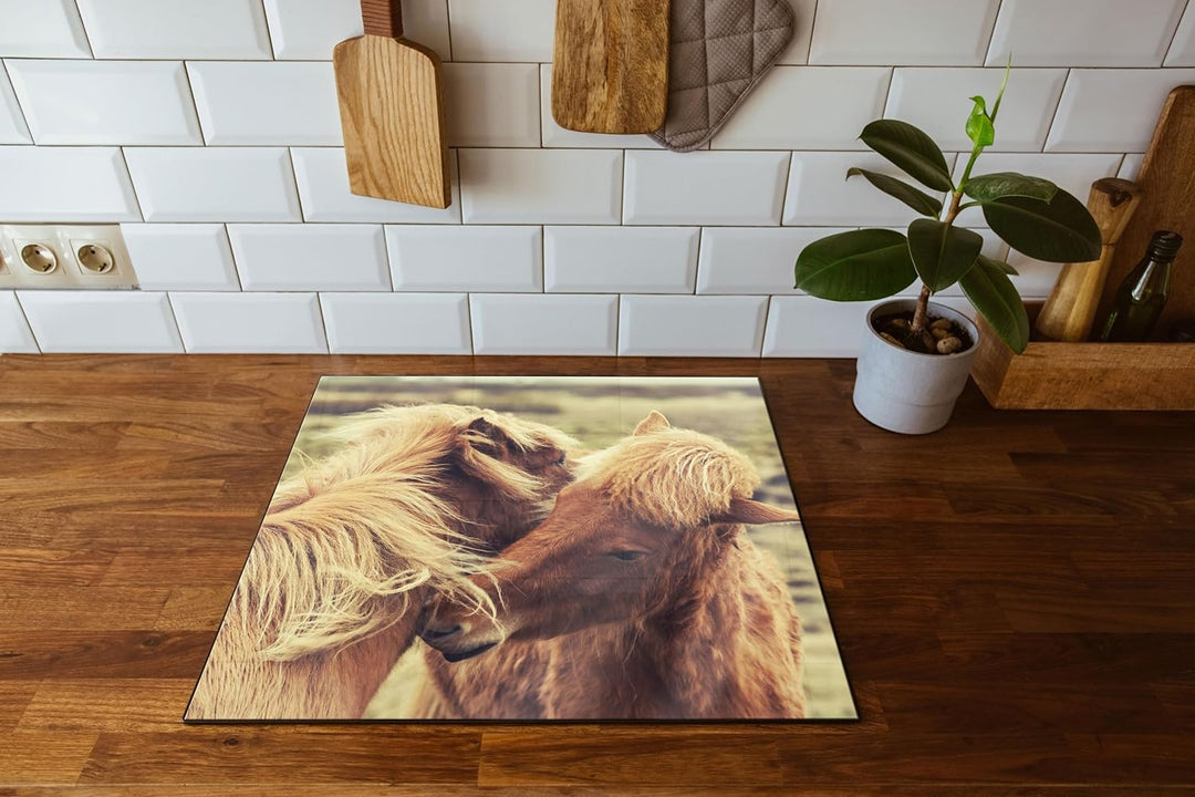 Islandpferde Pony Herdabdeckplatte & Spritzschutz aus Echtglas | Für Herd-Kochfelder | 60x52 cm