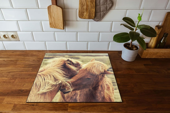 Islandpferde Pony Herdabdeckplatte & Spritzschutz aus Echtglas | Für Herd-Kochfelder | 60x52 cm