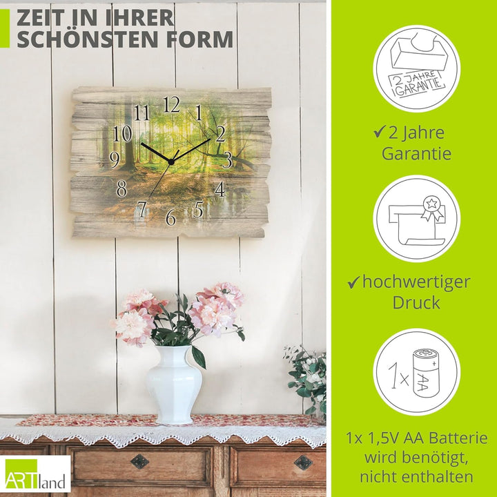 ARTLAND Wanduhr ohne Tickgeräusche aus Holz Quarzuhr 40x30 cm Rechteckig Lautlos Wald Landschaft Bac