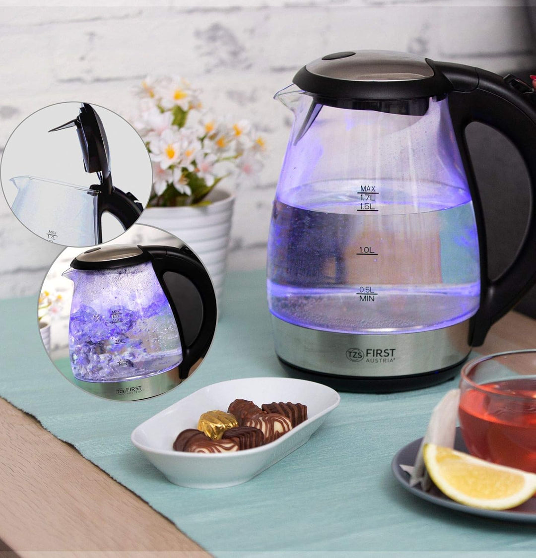 TZS First Austria Glas Wasserkocher 1,7 L, mit Kalkfilter, 2200 Watt, LED Innenbeleuchtung, kabellos