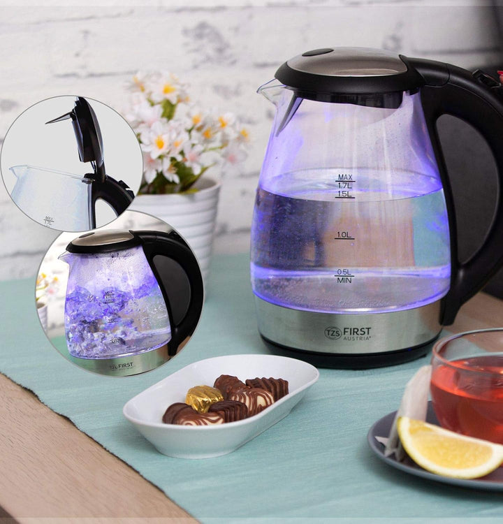 TZS First Austria Glas Wasserkocher 1,7 L, mit Kalkfilter, 2200 Watt, LED Innenbeleuchtung, kabellos