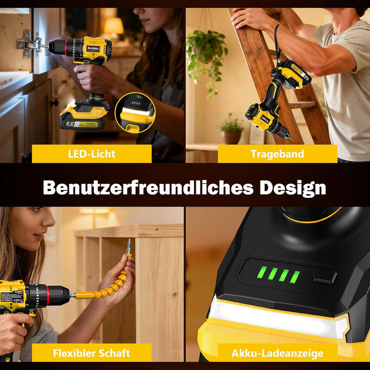 Sundpey 21V Akkuschrauber Set - Max. 70Nm Bürstenlos Akkubohrer und Schrauber mit 2 x 2.0Ah Akku, 23