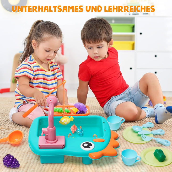 Küchenspüle Spielzeug Set mit Angelspiel Warmwasserhahn Farbwechsel Geschirr| Play Kochherd, Kochges