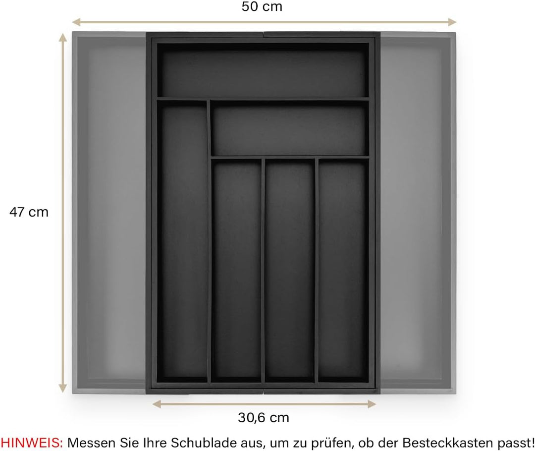 budu Besteckkasten #47 (Tiefe 47cm) aus Bambus - Schwarz - Schubladen Ordnungssystem für die Küche -