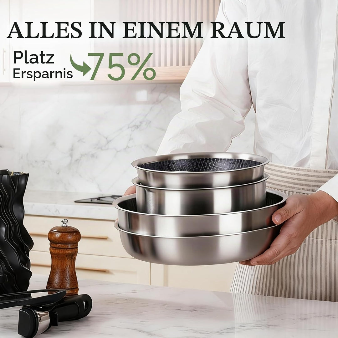 JEETEE Tri-Ply Edelstahl Topfset 18 Pcs, Kochtopf Set Antihaft mit abnehmbarem Griff, Hybrid Töpfe S