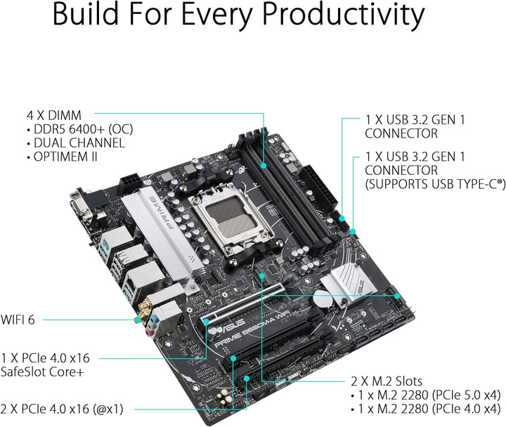 ASUS Prime B650M-A WIFI Gaming Mainboard Sockel AMD AM5 (Ryzen 7000, micro-ATX, DDR5 Speicher, PCIe