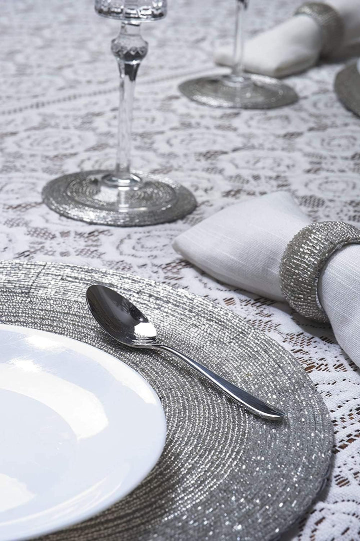 Penguin Home® Set von 12 Tischsets mit Glasperlen, Untersetzer und Serviettenringe - silberfarben -