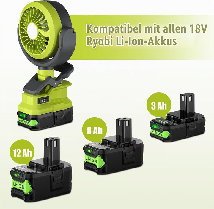 Akku Clip Ventilator für Ryobi 18V Kabelloser Ventilator, Tischventilator,Camping Ventilator 180°C s