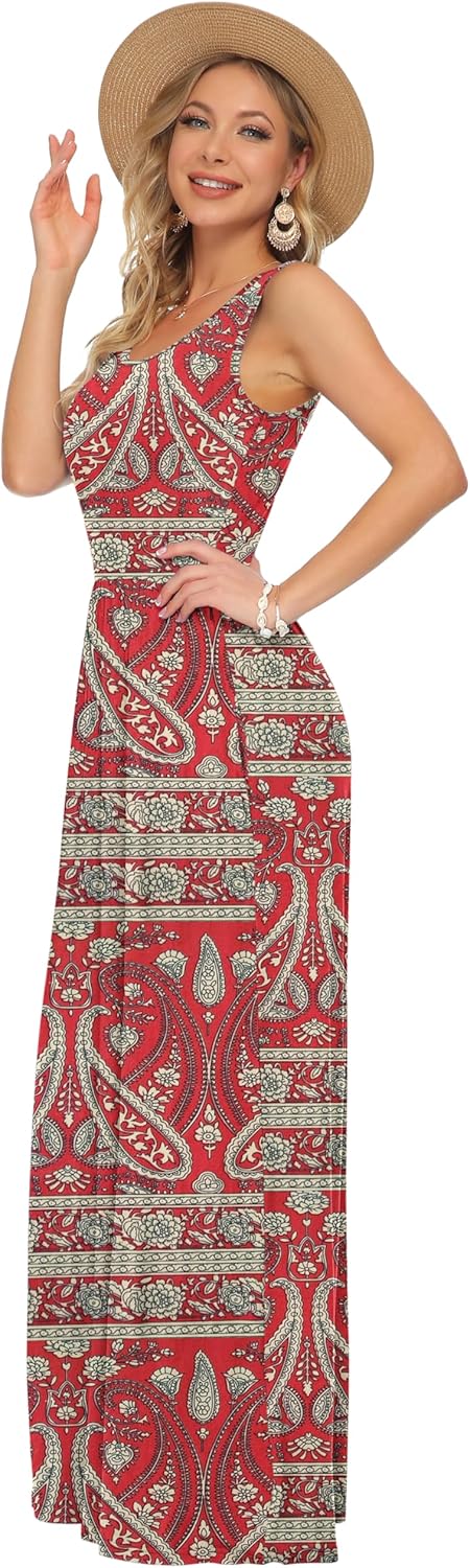 AUSELILY Damen Sommer Ärmelloses Lockeres Maxikleid Lässiges Langes Kleid mit Taschen Boho Blumen Ro