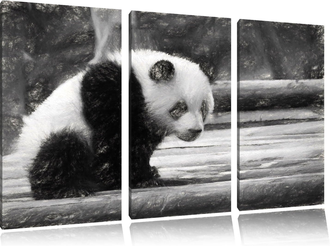 niedlicher junger Panda auf Holzstämmen NewArt 3-Teiler Leinwandbild 120x80 Bild auf Leinwand, XXL r