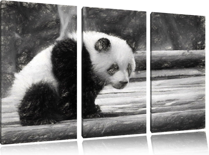 niedlicher junger Panda auf Holzstämmen NewArt 3-Teiler Leinwandbild 120x80 Bild auf Leinwand, XXL r