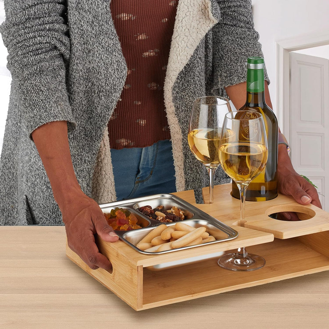 Relaxdays Couchbar, Bambus, Edelstahlschale für Snacks, Getränke- & Weinglashalter, Griffe, Couchorg