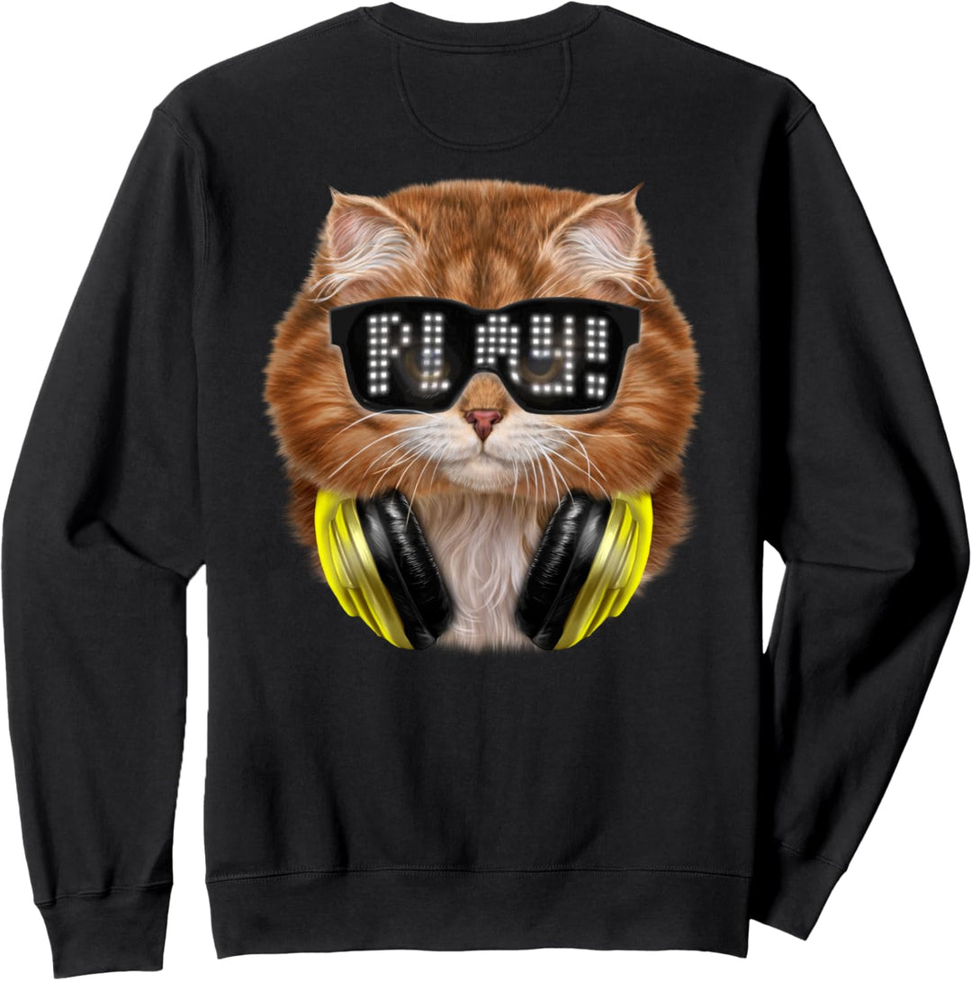 Orange Katze, die Hipster-Sonnenbrille und Kopfhörer trägt Sweatshirt