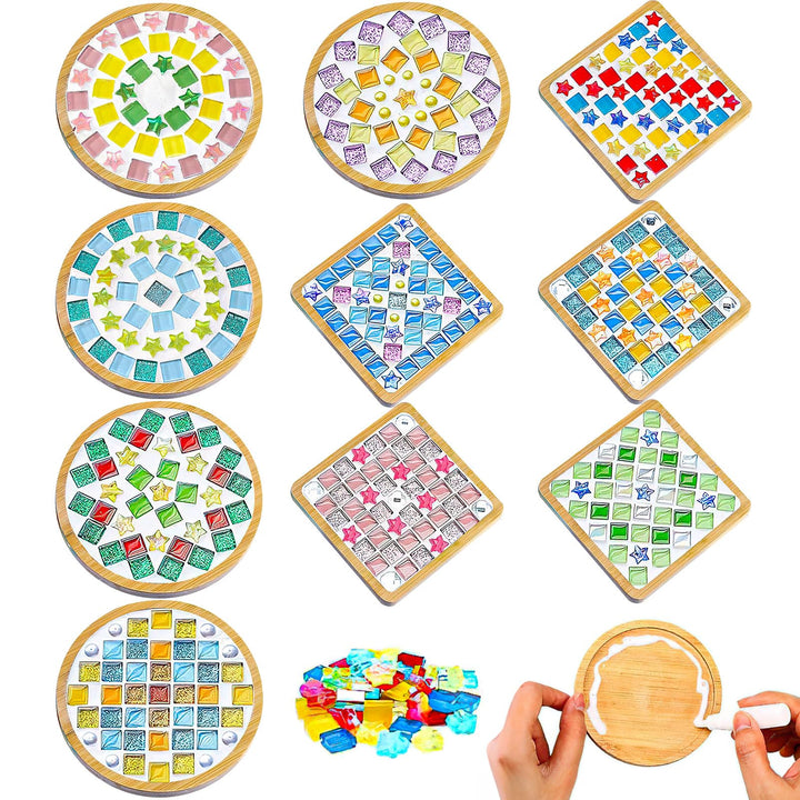 OGMBI 10 Stück DIY Mosaik Untersetzer Bastelset, Bunte Glasfliesen Coaster Set mit Holzuntersetzer,