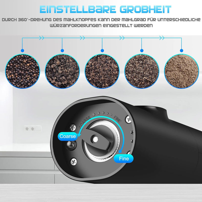 MILFECH Salz und Pfeffermühlen Elektrische 2er Set mit Wiederaufladbarer Basis, Einstellbarer Grobhe