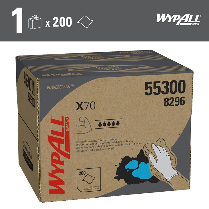 WypAll X70 Power Clean Reinigungstücher 8296 – wiederverwendbare Tücher – 1 BRAG-Box x 200 weisse sa