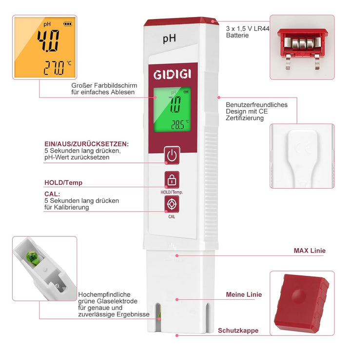 Digitales pH Messgerät für Wasser mit Farbdisplay, pH-Tester für Pools, Professioneller pH Level Tes
