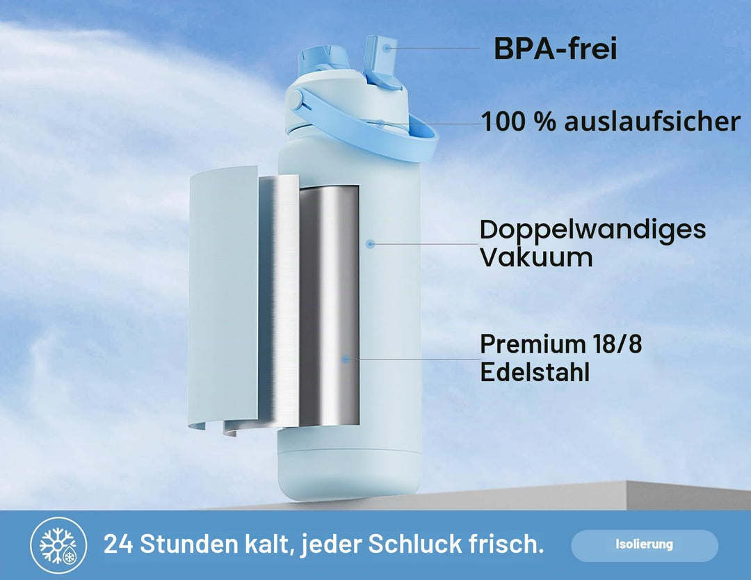 POWCAN Edelstahl Trinkflasche, Auslaufsicher, 2-in-1 Deckel, 946ml | Sea Breeze, Doppelwandig, 2-in-