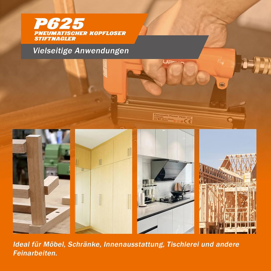 UPWOOD P625 Pneumatischer 23-Gauge Headless Pin Nailer, 1/2-Zoll bis 1-Zoll Schenkellänge Luftbetrie