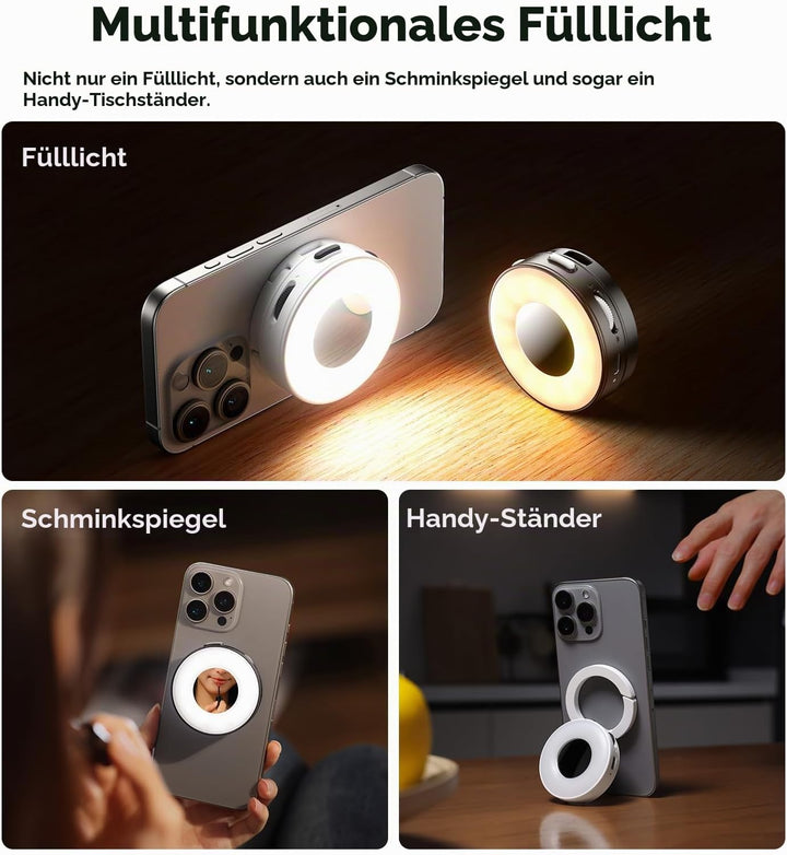 ULANZI ML05 Magnetische Selfie Licht für iPhone, Dual Magnet LED Ringlicht mit Spiegel, 9000K CRI≥97