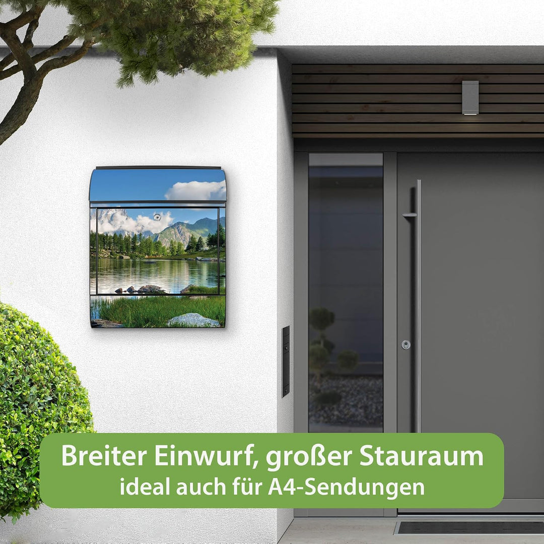 banjado® Design Briefkasten mit Motiv Gebirgssee 39x47x14cm &amp; 2 Schlüssel - Briefkasten Stahl schwar