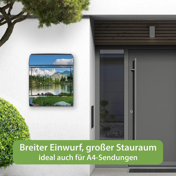 banjado® Design Briefkasten mit Motiv Gebirgssee 39x47x14cm &amp; 2 Schlüssel - Briefkasten Stahl schwar