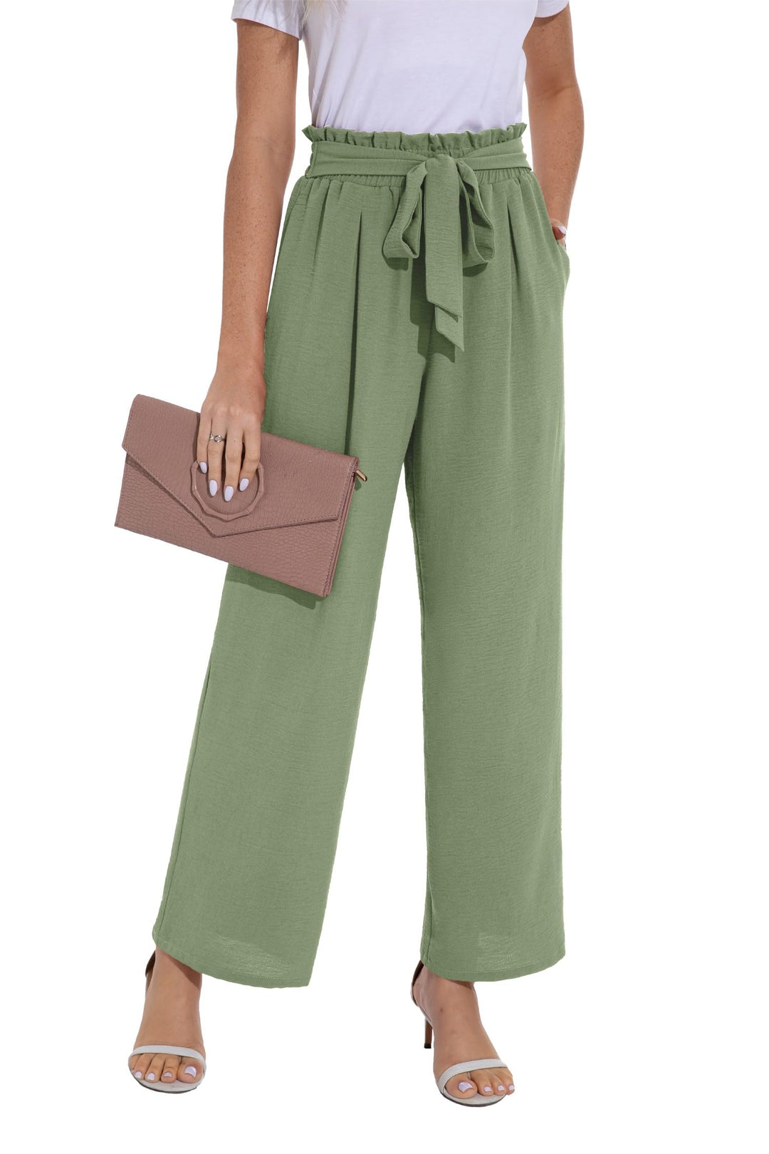 PrinStory Damen Hose Mit Weitem Bein Leichte Elastische Taille Sommer Hose Mit Taschen Kausale Arbei