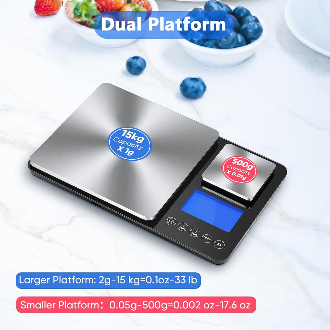 Küchenwaage mit Dualer Plattform, 15kg/1g & 500g/0.01g, Doppelfunktion Digitale Küchen Feinwaage mit