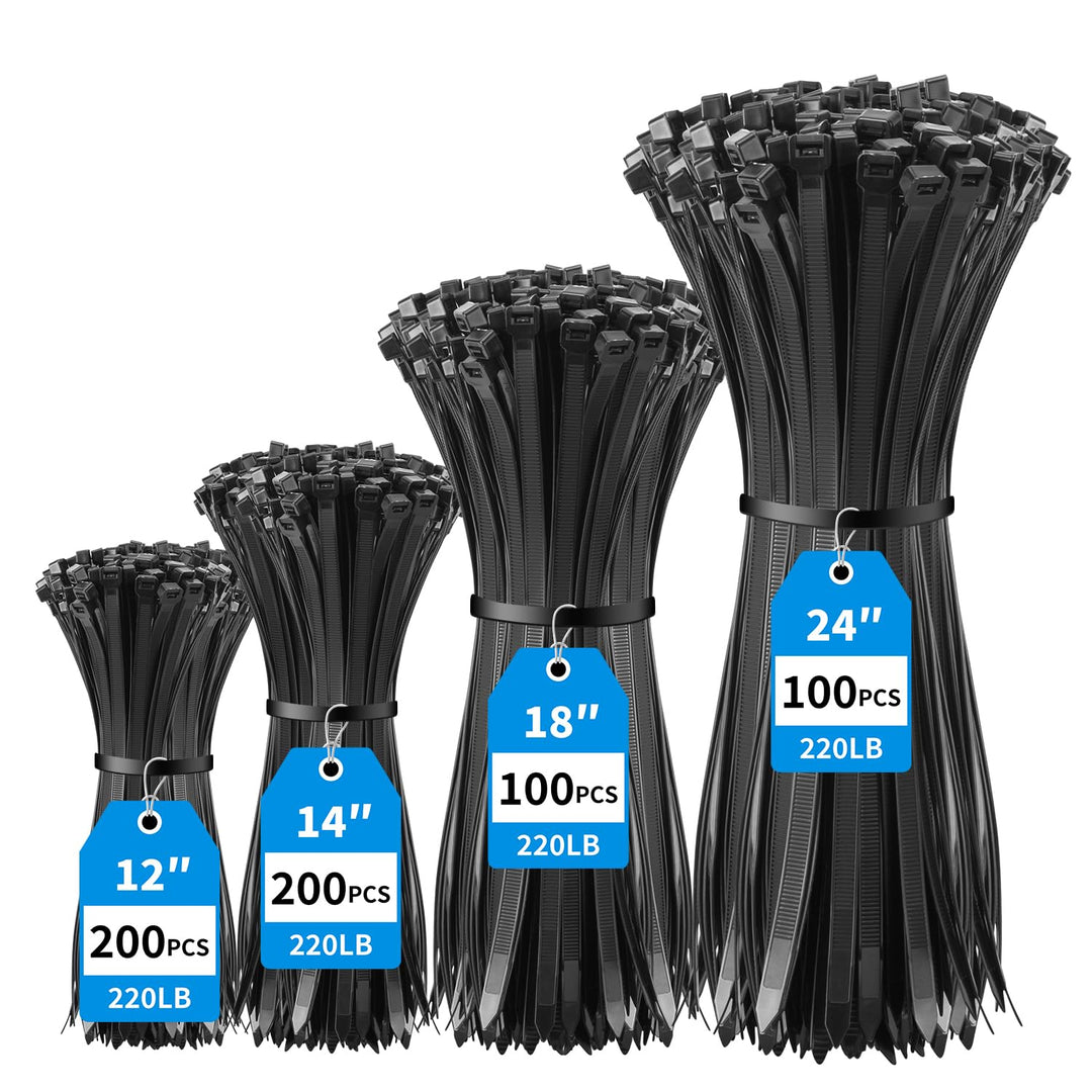 XINGO Schwarze Kabelbinder, robust, verschiedene Grössen (30,5 cm + 35,6 cm + 45,7 cm + 61 cm), 600
