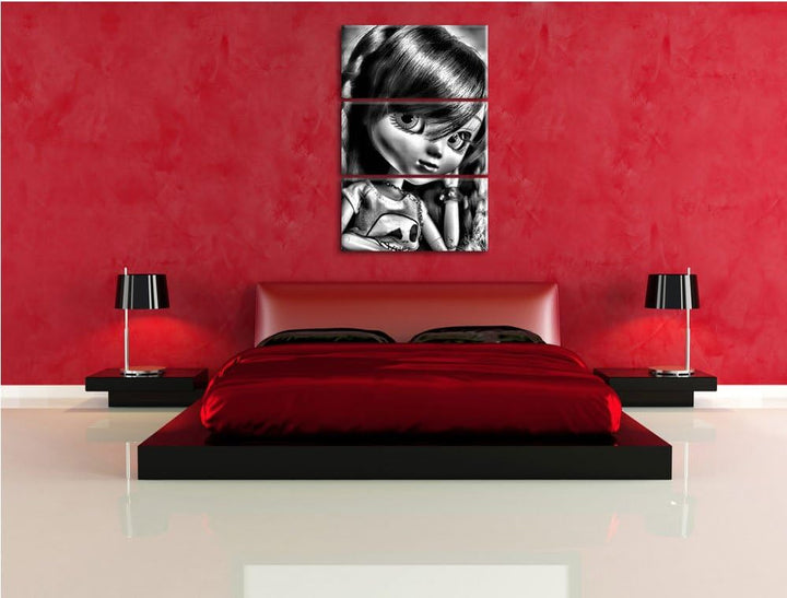 Pixxprint Pullip-Püppchen Scarlett als Leinwandbild/Grösse: 3 Teilig (120x80) cm/Wandbild/Kunstdruck