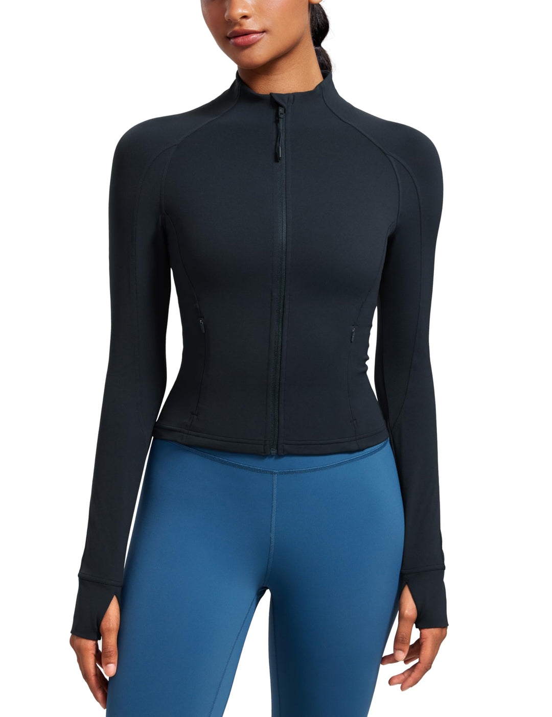 CRZ YOGA Damen Butterluxe Full Zipper Sport Jacke Zip Tasche Crop Running Laufjacke Gym Langarmshirt