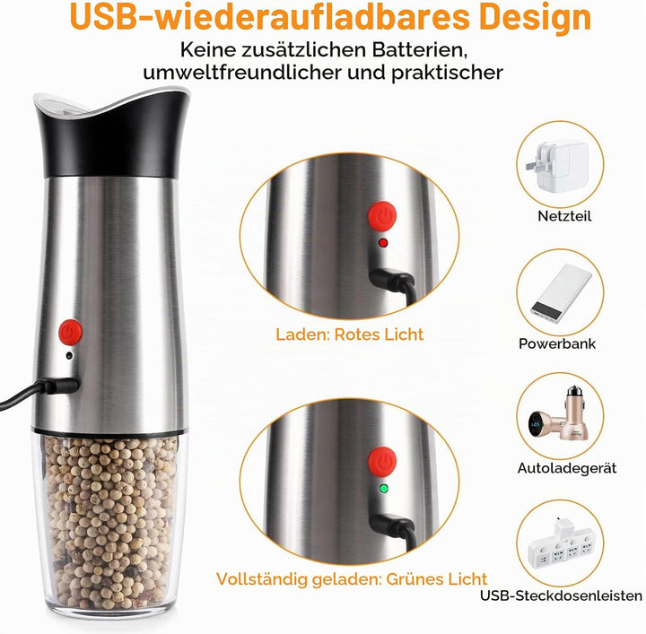 Salz und Pfeffermühle Elektrische 2er Set USB Aufladung Schwerkraft Automatische Gewürzmühle Verstel