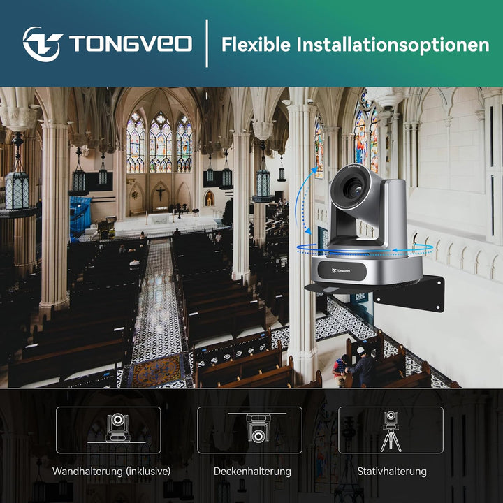 TONGVEO AI 4K PTZ Kamera mit Auto-Tracking, 10-facher optischer Zoom Videokonferenzkamera, HDMI & US