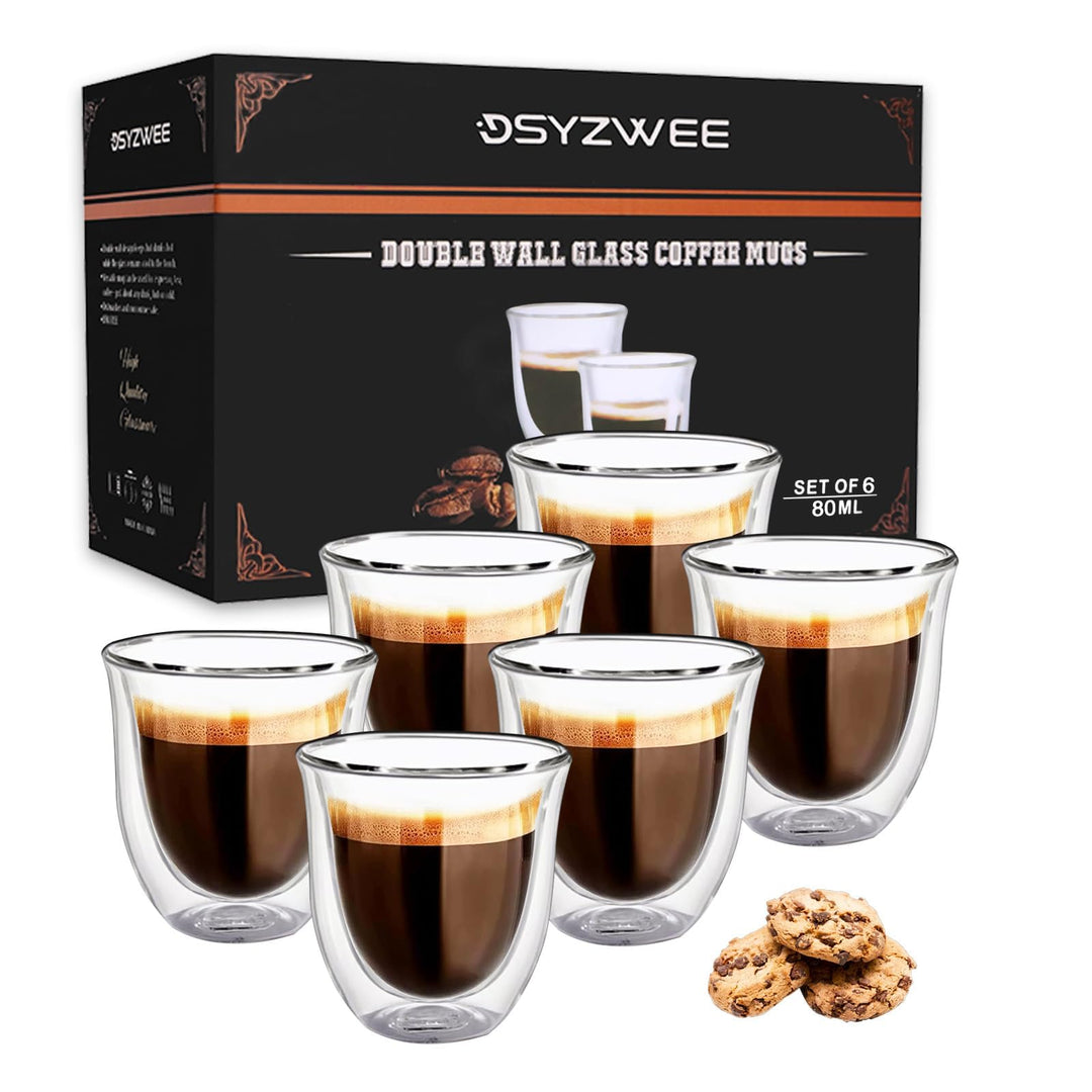 Espressotassen Glas 80 ml 6er Set – Doppelwandige Espressogläser aus Borosilikatglas, Isolierend & H
