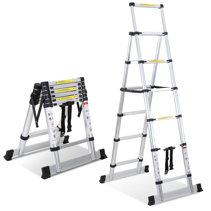 1.7+2M Klappleiter Teleskopleiter, A-Rahmen 5+6 Sprossen Aluminiumleiter, Rutschfester Aluleiter mit