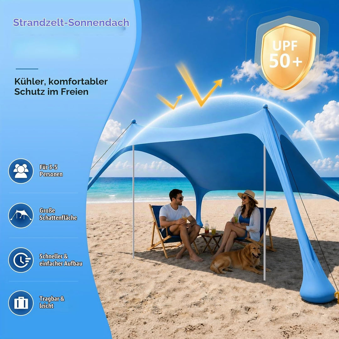 Strandzelt mit Strandmatte, LSF 50+ Hochschutz, 2x2x2m, Himmelblau | inkl. Sandanker, Alu-Stangen &amp;