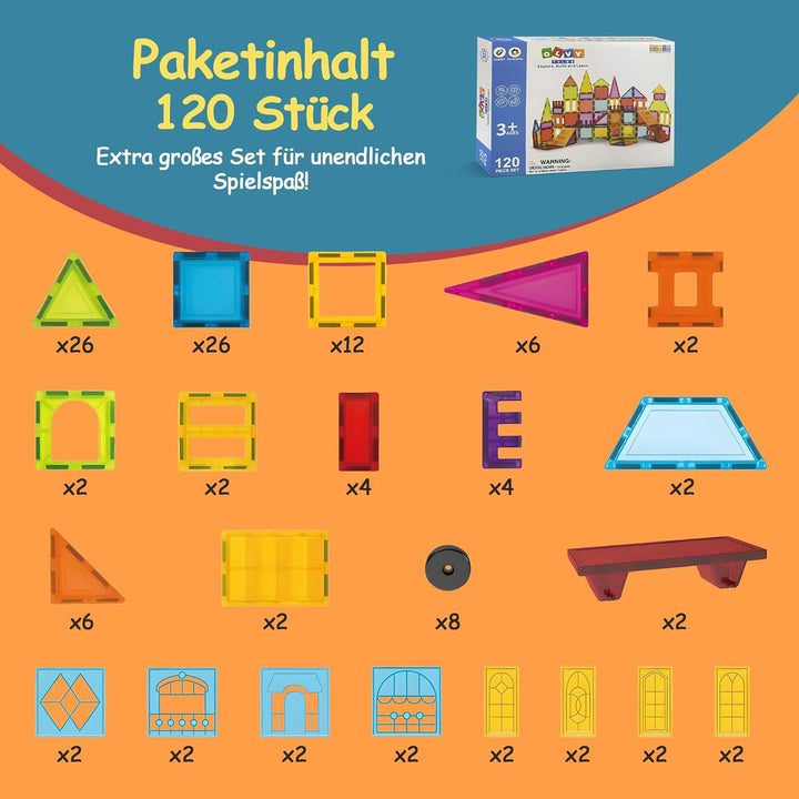 Olvy Magnetische Bausteine Montessori Spielzeug - 120 Magnetic Tiles Kinder - Magnetisches Konstrukt