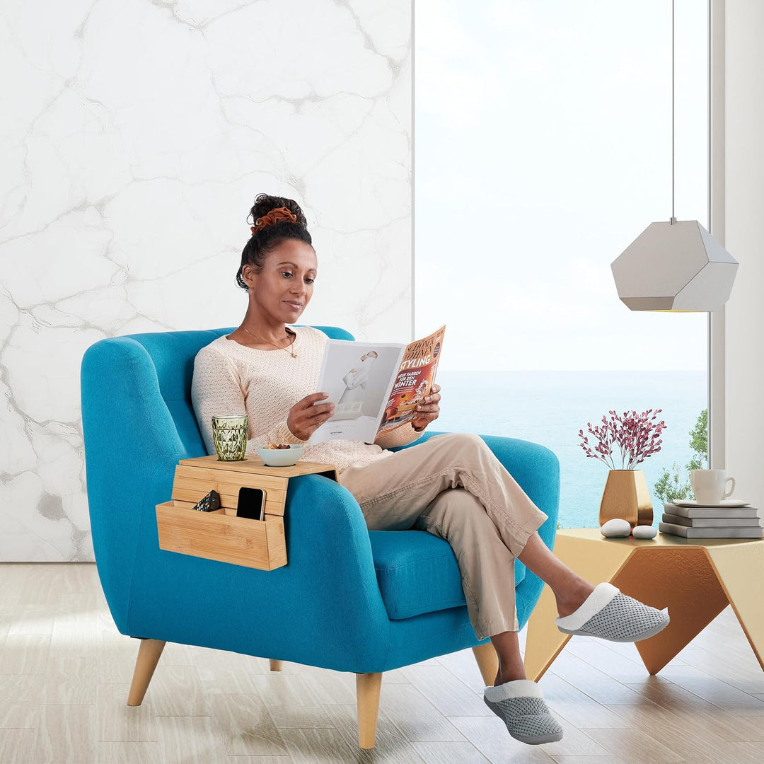 Relaxdays Sofatablett Armlehne, Bambus, HBT: 5,5 x 50 x 33,5 cm, Sofaablage mit Untersetzern, 2 Fäch