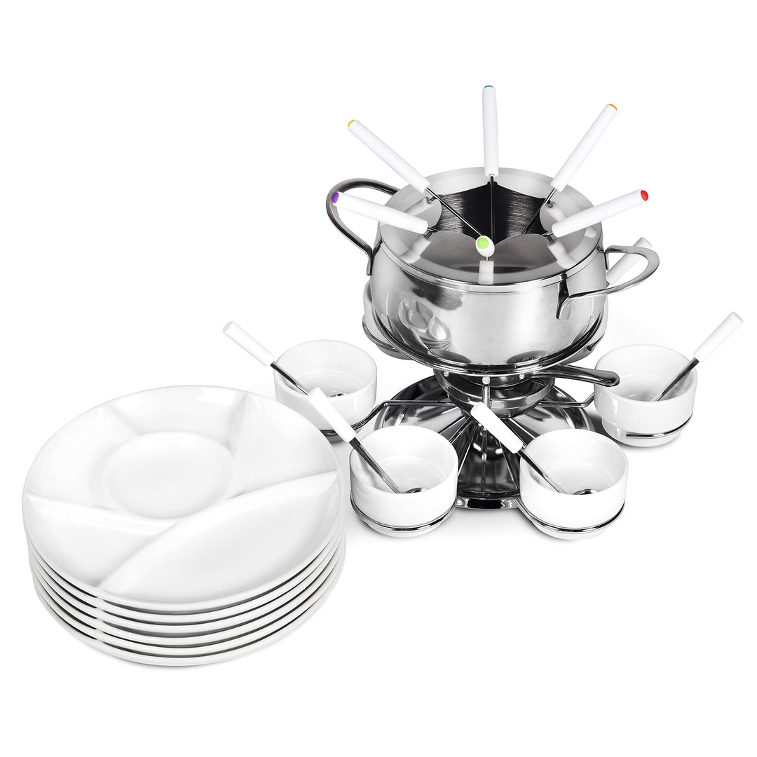 Ribelli Fondue Set 28-teilig Edelstahl 6X Gabel, Löffel, Teller, Schälchen Käsefondue Fleischfondue